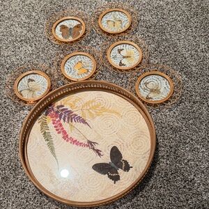 Butterfly Decorative Round Tray and Coaster Set - Tan & Yellow